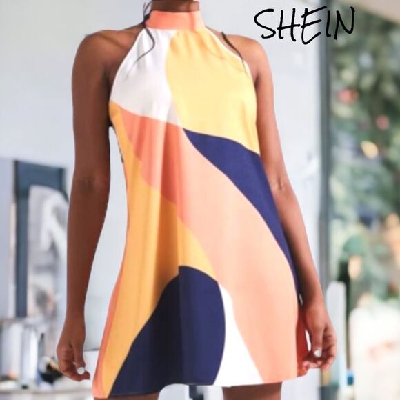 SHEIN NEW ISHAARAH TIE BACK COLOR BLOCK MINI DRESS SIZE MEDIUM - Picture 1 of 12